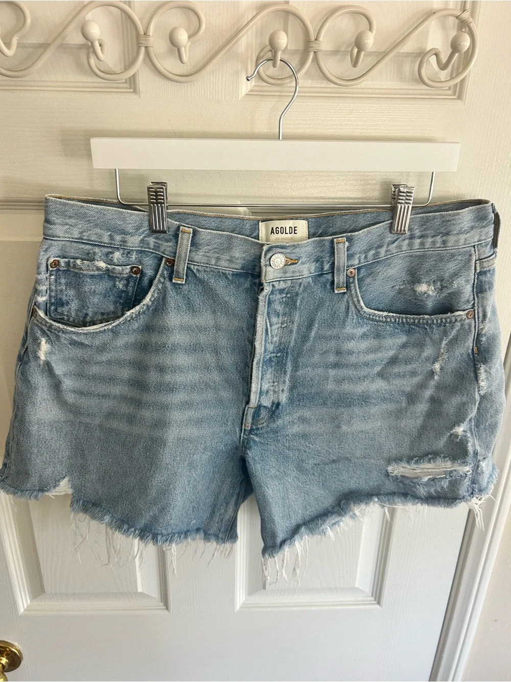AGOLDE Parker Long Light Blue Distressed Denim Shorts Size 32